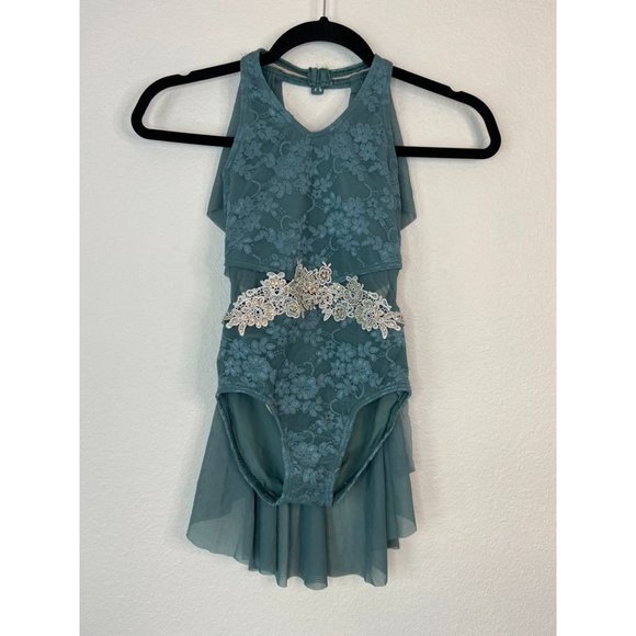 Weissman girls IC intermediate 7/8 green ballet dance leotard lace soloist